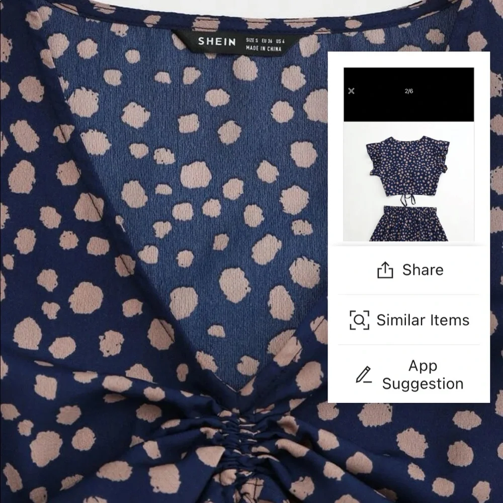NWT SHEIN Navy Blue Polka Dot Crop Top Matching Set Summer Vacation Boho Spring - Picture 3 of 4
